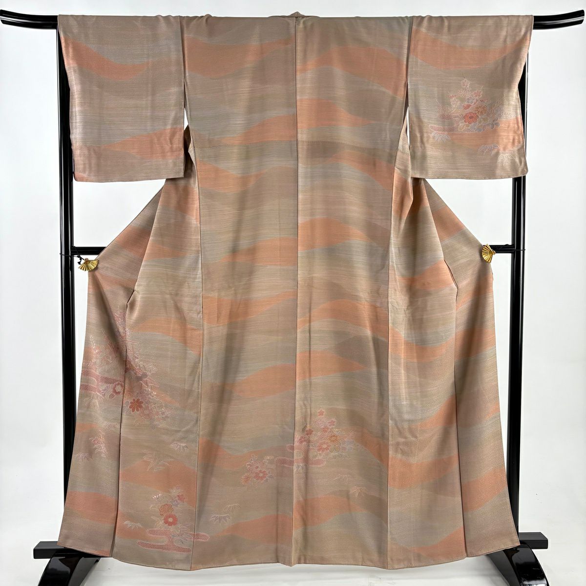【美品】 付下 身長162cm 袖長68cm L 雙層 家屋 枝梅花 刺繡 薄茶 純蠶絲 秀品級