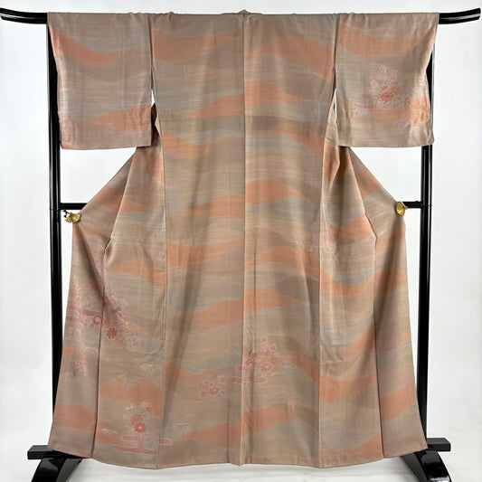 【美品】 付下 身長162cm 袖長68cm L 雙層 家屋 枝梅花 刺繡 薄茶 純蠶絲 秀品級