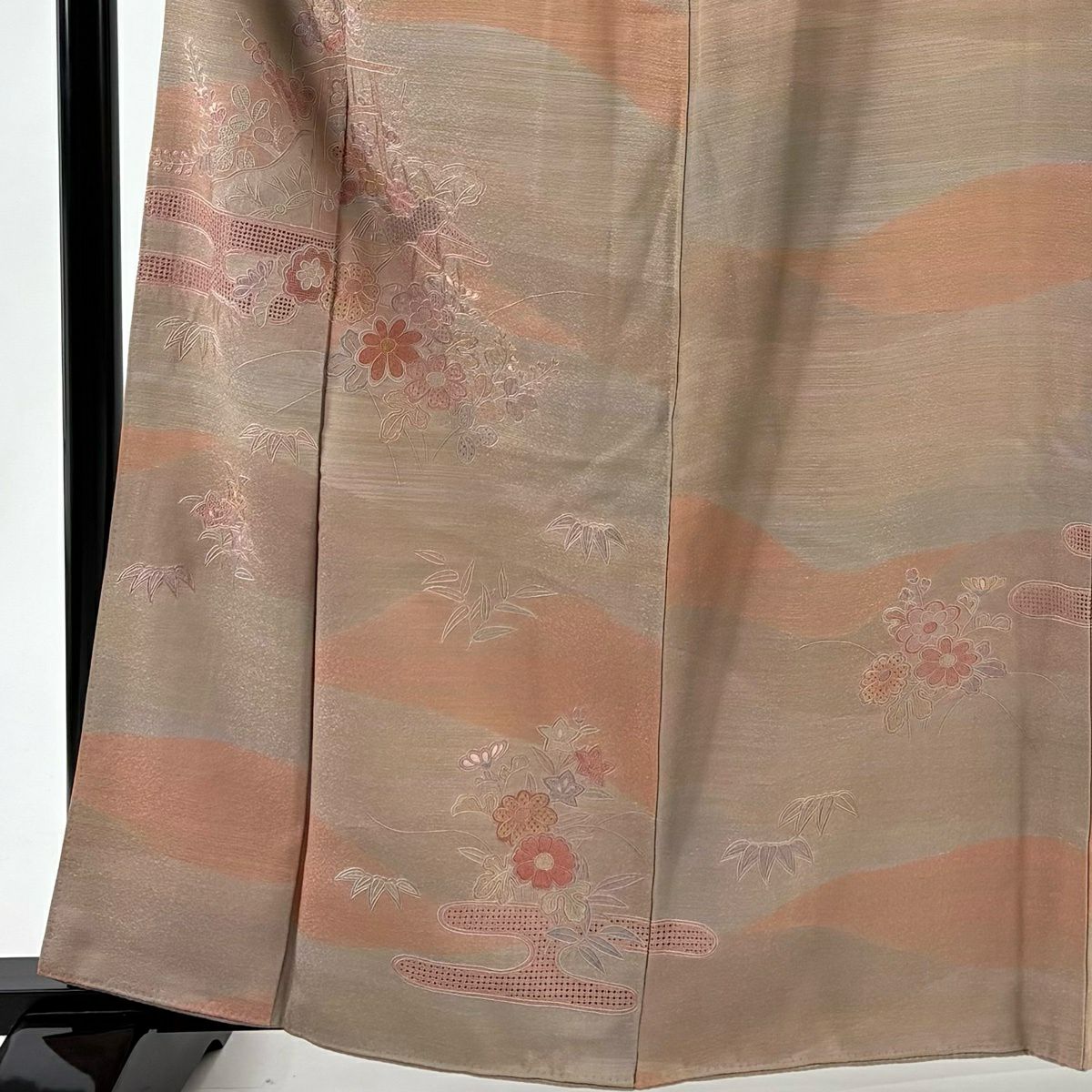 【美品】 付下 身長162cm 袖長68cm L 雙層 家屋 枝梅花 刺繡 薄茶 純蠶絲 秀品級
