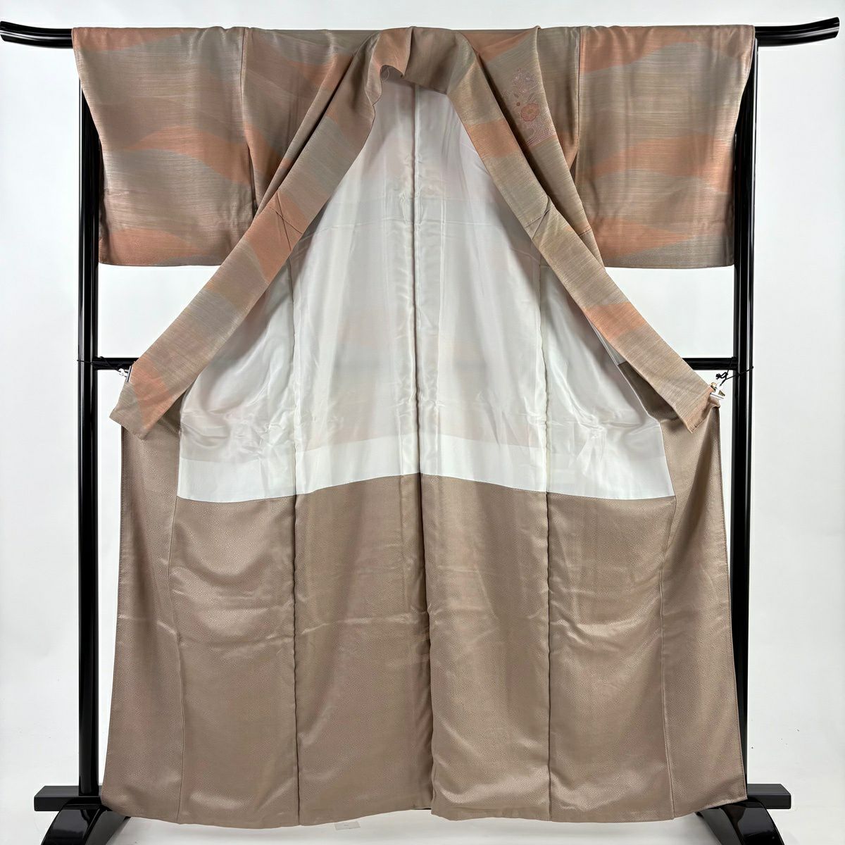 【美品】 付下 身長162cm 袖長68cm L 雙層 家屋 枝梅花 刺繡 薄茶 純蠶絲 秀品級
