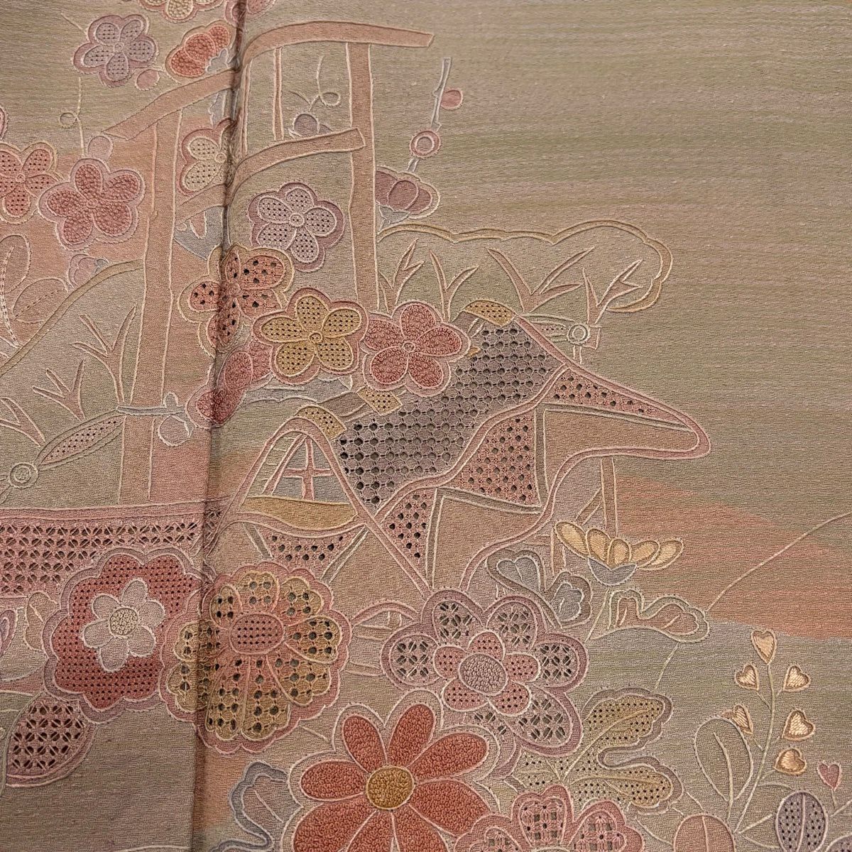 【美品】 付下 身長162cm 袖長68cm L 雙層 家屋 枝梅花 刺繡 薄茶 純蠶絲 秀品級