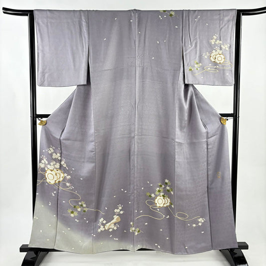付下 身長159cm 袖長64cm M 雙層 中村勘九郎監修 落款あり 鼓 櫻花 金絲 金銀彩 灰紫 純蠶絲 秀品級