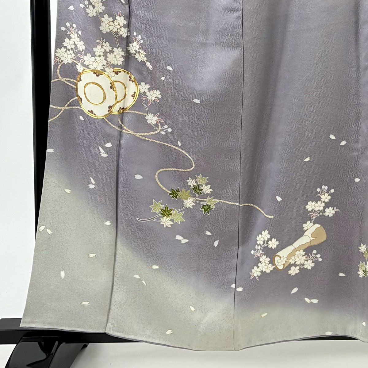 付下 身長159cm 袖長64cm M 雙層 中村勘九郎監修 落款あり 鼓 櫻花 金絲 金銀彩 灰紫 純蠶絲 秀品級