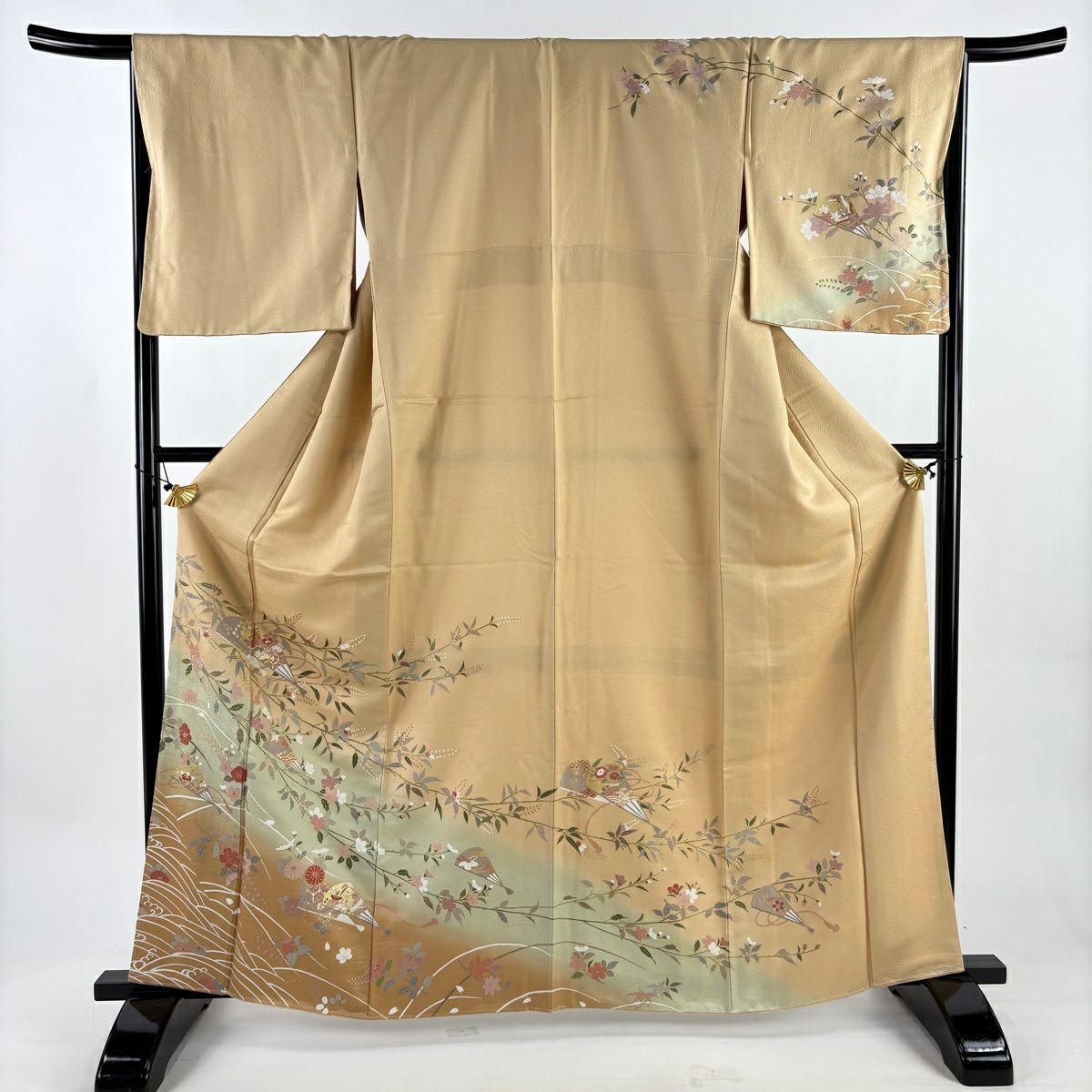 【美品】訪問服 身長163cm 袖長68cm L 雙層 草花紋紋 扇子子 金彩裝飾 染分 裸色 純蠶絲 秀品級