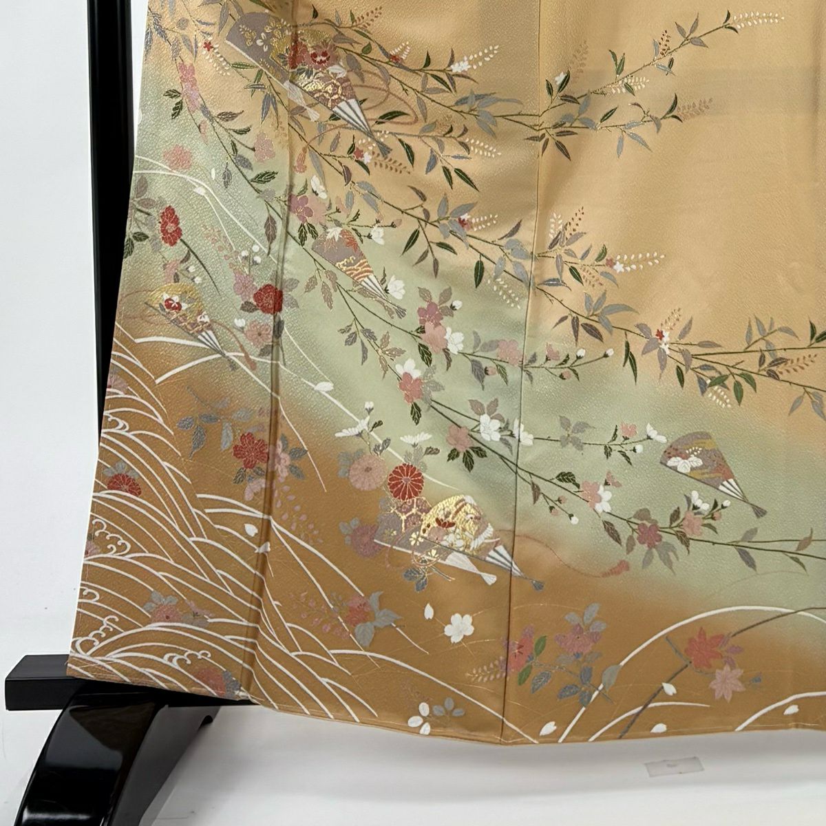 【美品】訪問服 身長163cm 袖長68cm L 雙層 草花紋紋 扇子子 金彩裝飾 染分 裸色 純蠶絲 秀品級