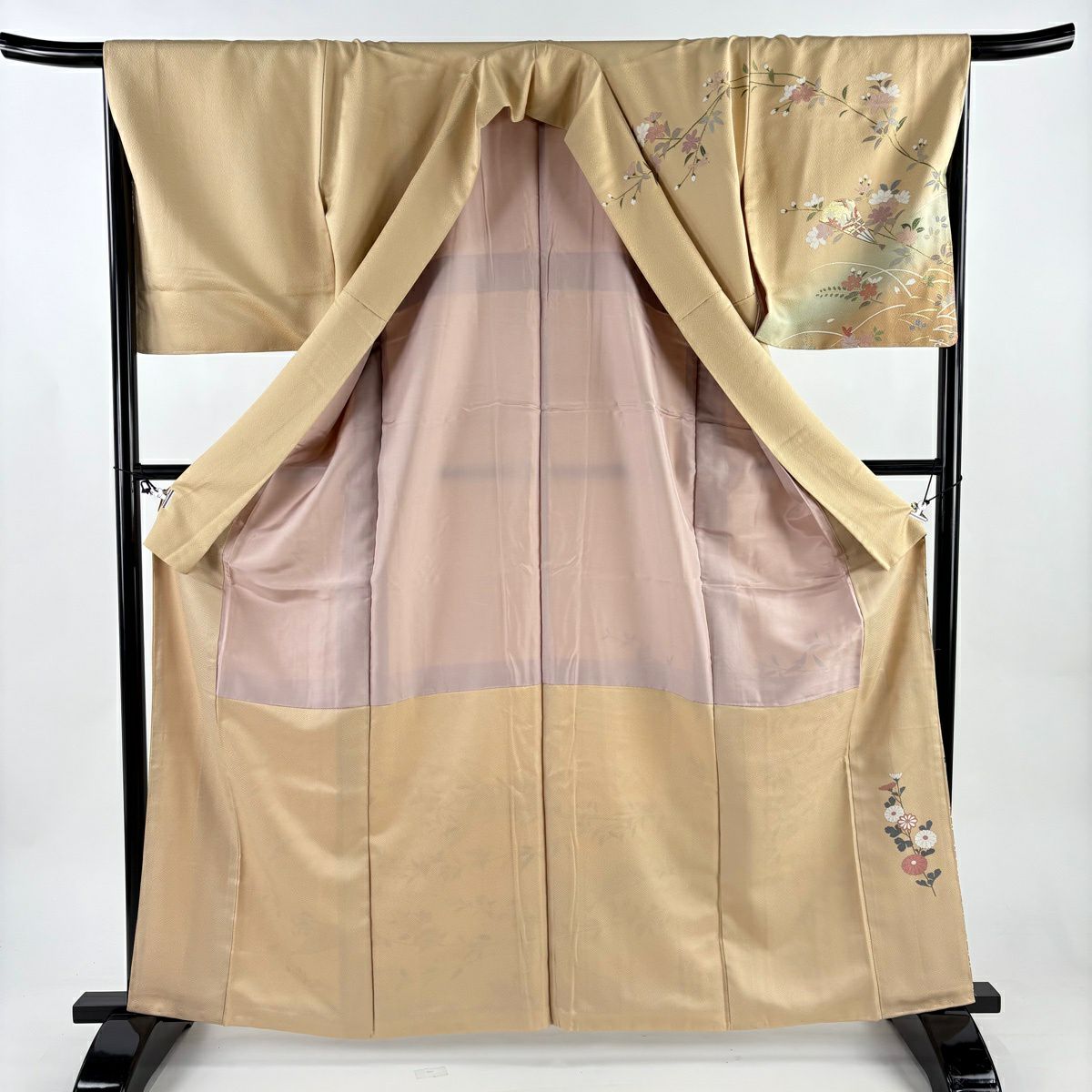 【美品】訪問服 身長163cm 袖長68cm L 雙層 草花紋紋 扇子子 金彩裝飾 染分 裸色 純蠶絲 秀品級
