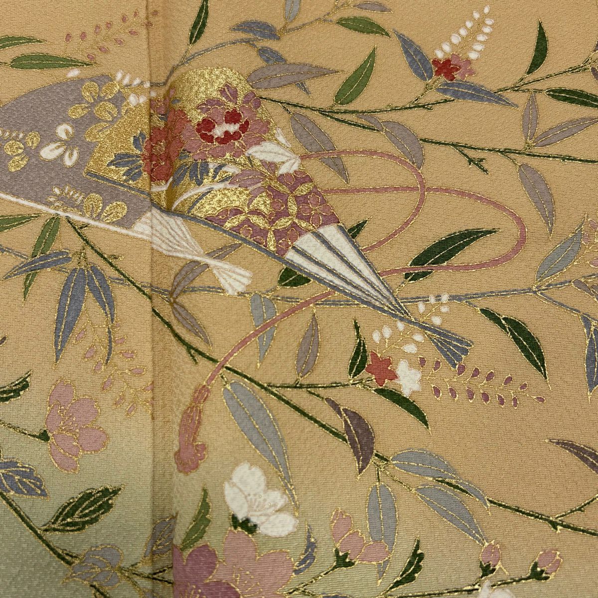 【美品】訪問服 身長163cm 袖長68cm L 雙層 草花紋紋 扇子子 金彩裝飾 染分 裸色 純蠶絲 秀品級