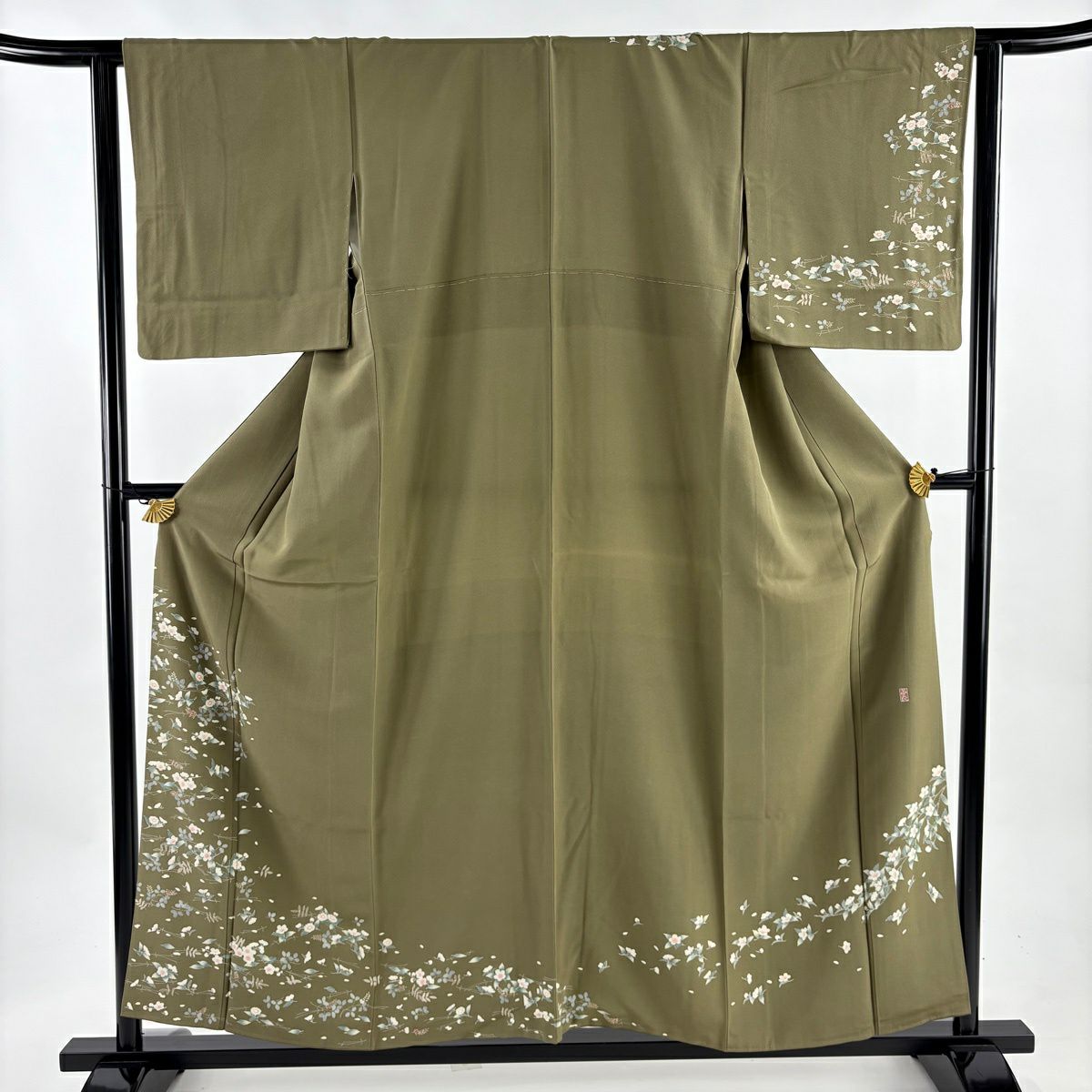 訪問服 身長156.5cm 袖長63.5cm S 雙層 落款あり 吹寄 茶綠 純蠶絲 秀品級