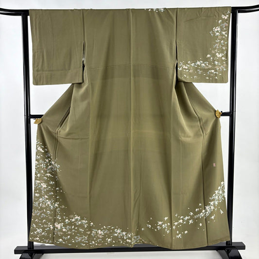 訪問服 身長156.5cm 袖長63.5cm S 雙層 落款あり 吹寄 茶綠 純蠶絲 秀品級