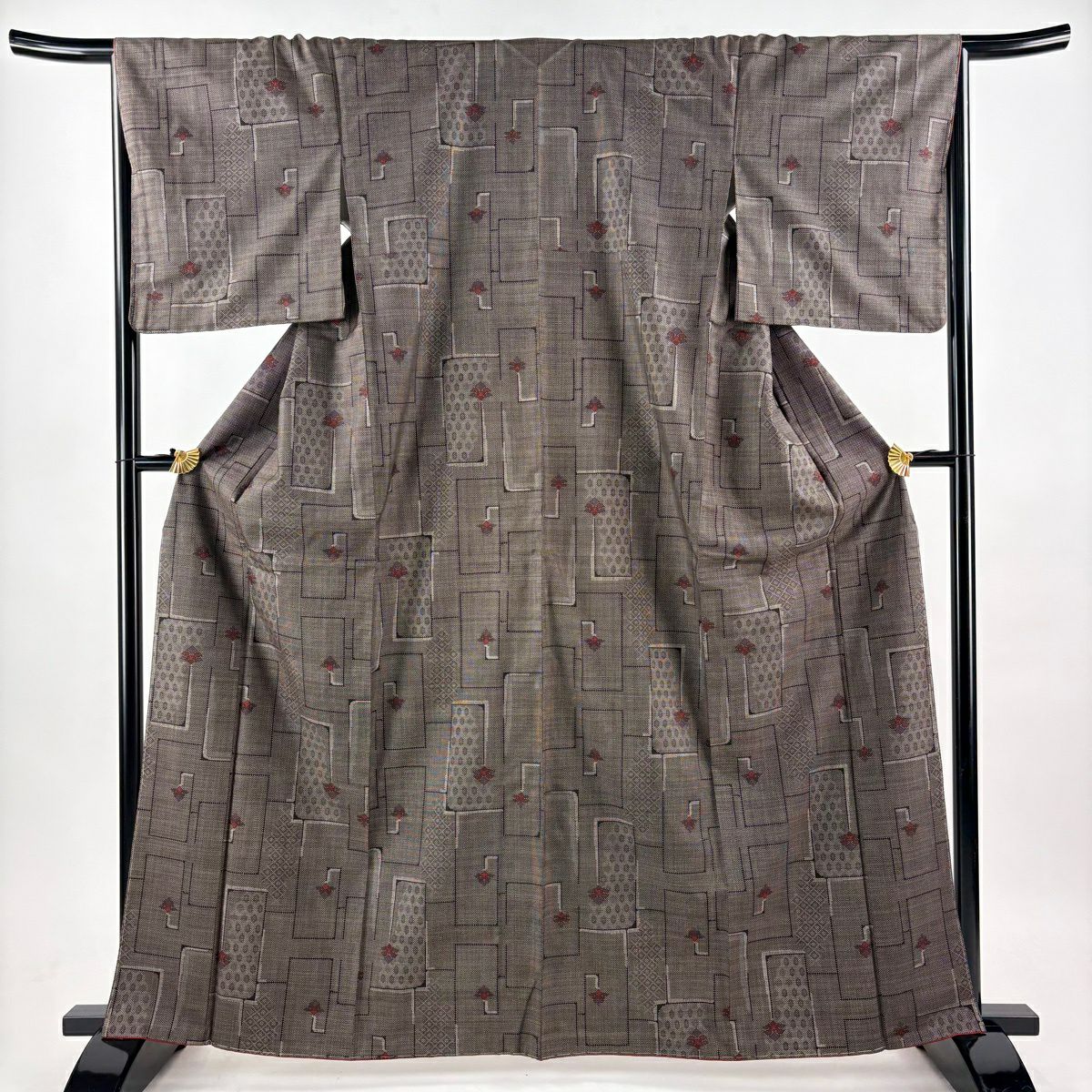 【美品】 大島紬織 身長164cm 袖長66.5cm M 雙層 純泥染 證書附帶 花 幾何圖案 焦茶 純蠶絲 優品級