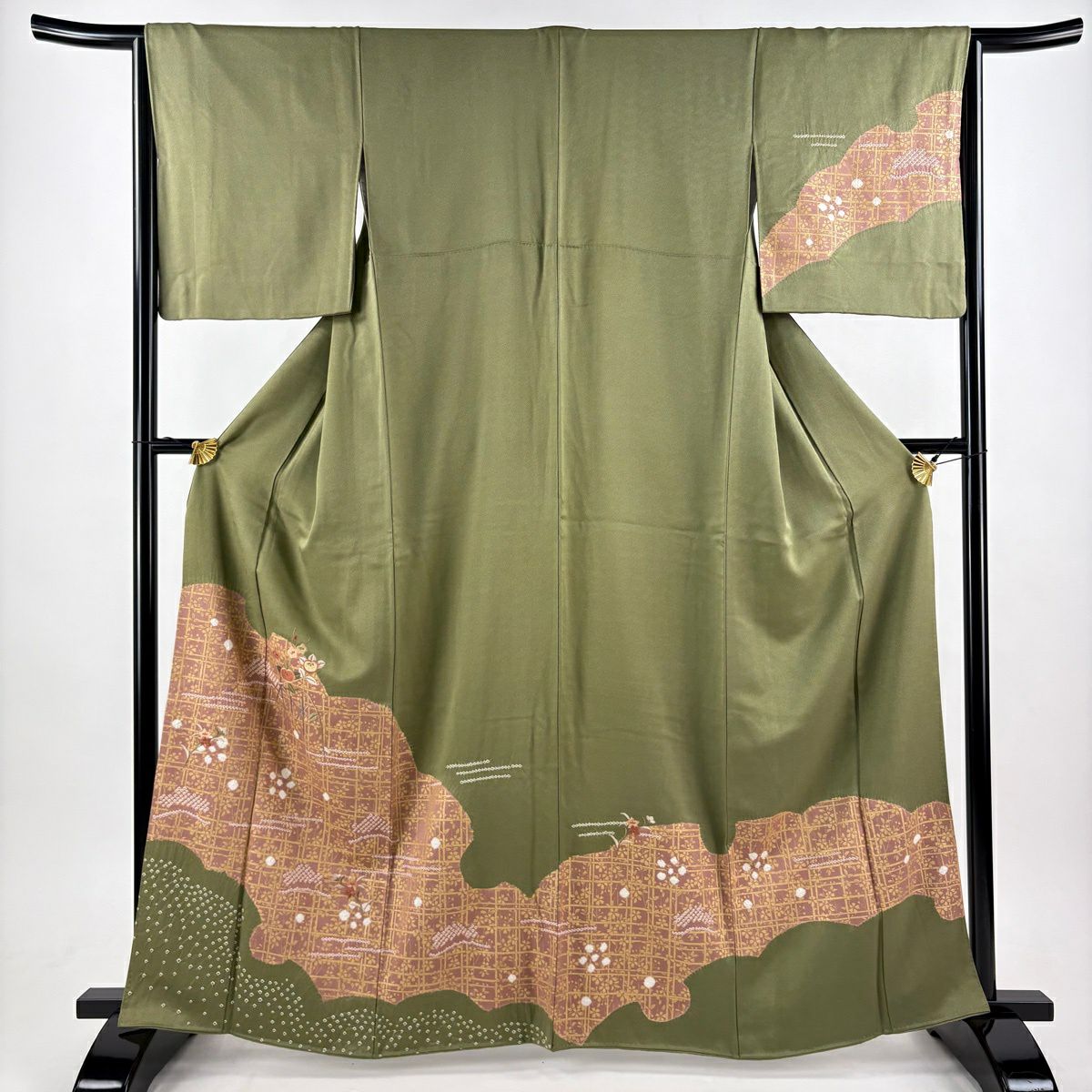 訪問服 身長163cm 袖長64cm M 雙層 橘花 櫻花 絞染 刺繡 抹茶 純蠶絲 秀品級