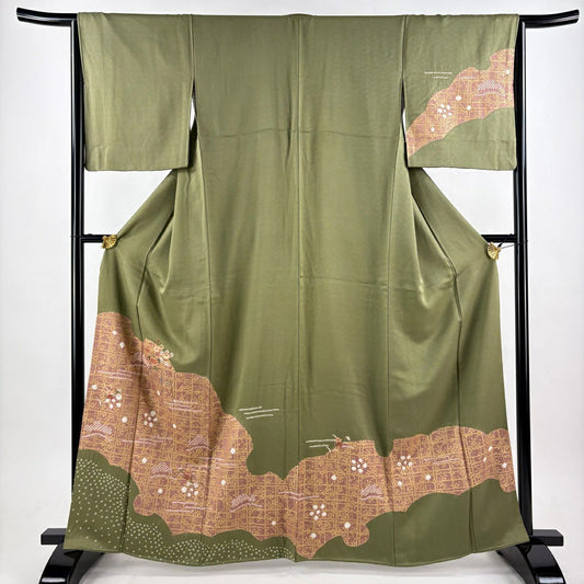 訪問服 身長163cm 袖長64cm M 雙層 橘花 櫻花 絞染 刺繡 抹茶 純蠶絲 秀品級