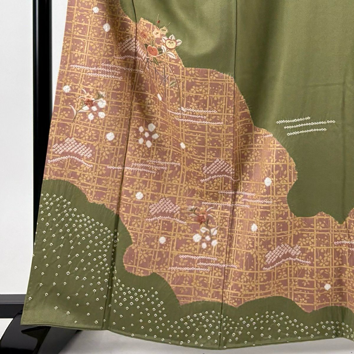 訪問服 身長163cm 袖長64cm M 雙層 橘花 櫻花 絞染 刺繡 抹茶 純蠶絲 秀品級