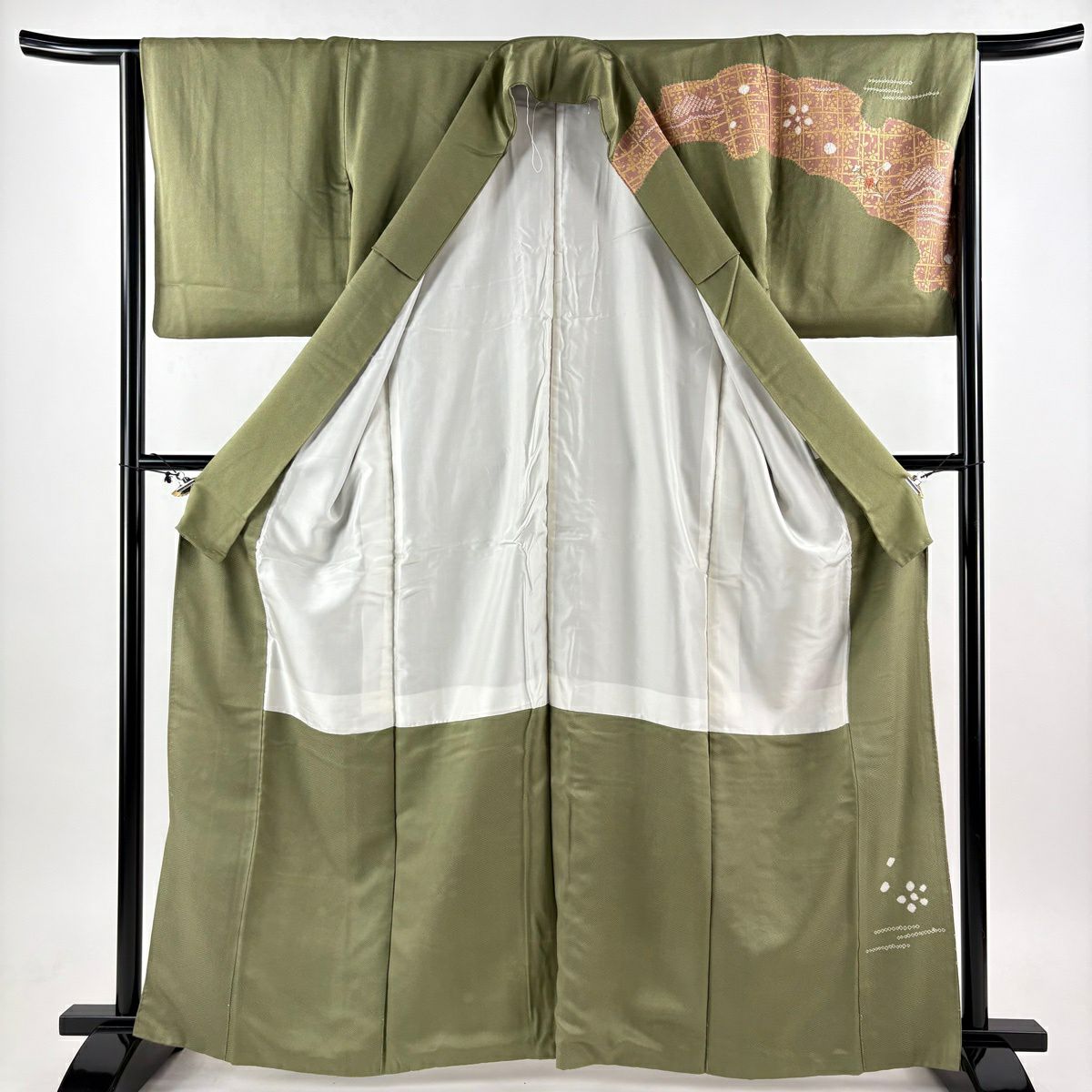 訪問服 身長163cm 袖長64cm M 雙層 橘花 櫻花 絞染 刺繡 抹茶 純蠶絲 秀品級