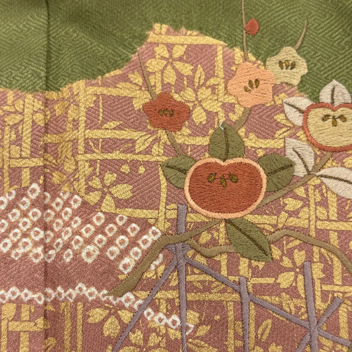 訪問服 身長163cm 袖長64cm M 雙層 橘花 櫻花 絞染 刺繡 抹茶 純蠶絲 秀品級