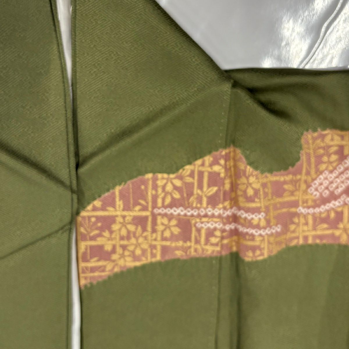 訪問服 身長163cm 袖長64cm M 雙層 橘花 櫻花 絞染 刺繡 抹茶 純蠶絲 秀品級