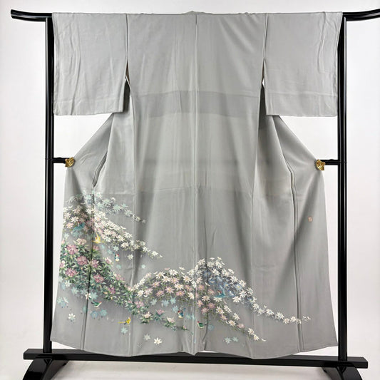 付下 身長155cm 袖長64cm M 雙層 落款 花鳥 漸層 灰色 純蠶絲 優品級