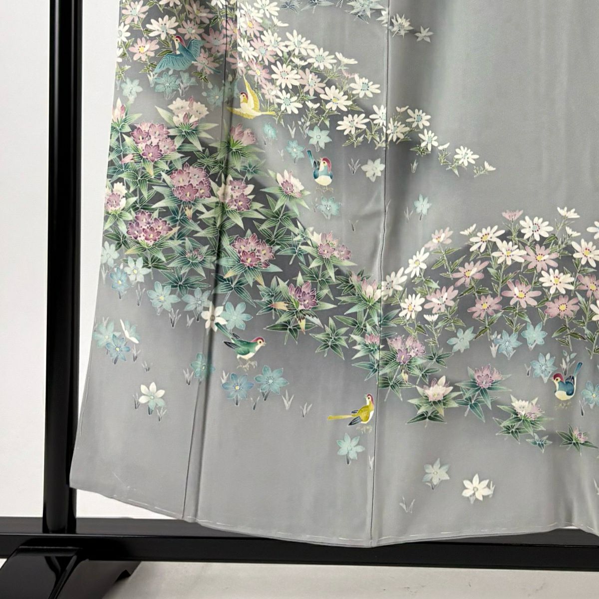 付下 身長155cm 袖長64cm M 雙層 落款 花鳥 漸層 灰色 純蠶絲 優品級