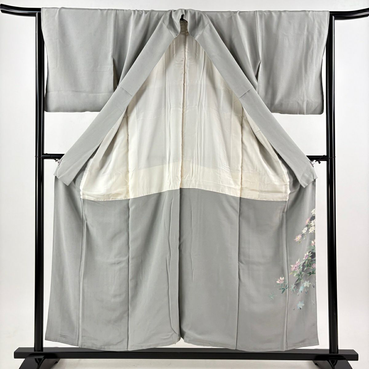 付下 身長155cm 袖長64cm M 雙層 落款 花鳥 漸層 灰色 純蠶絲 優品級