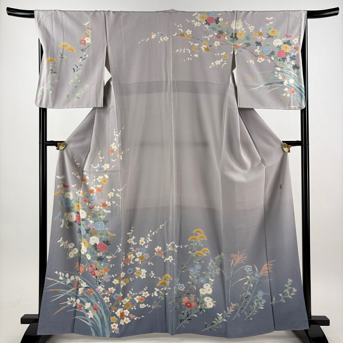 訪問服 身長164cm 袖長68cm L 雙層 菊花 梅花 漸層 灰紫 純蠶絲 優品級
