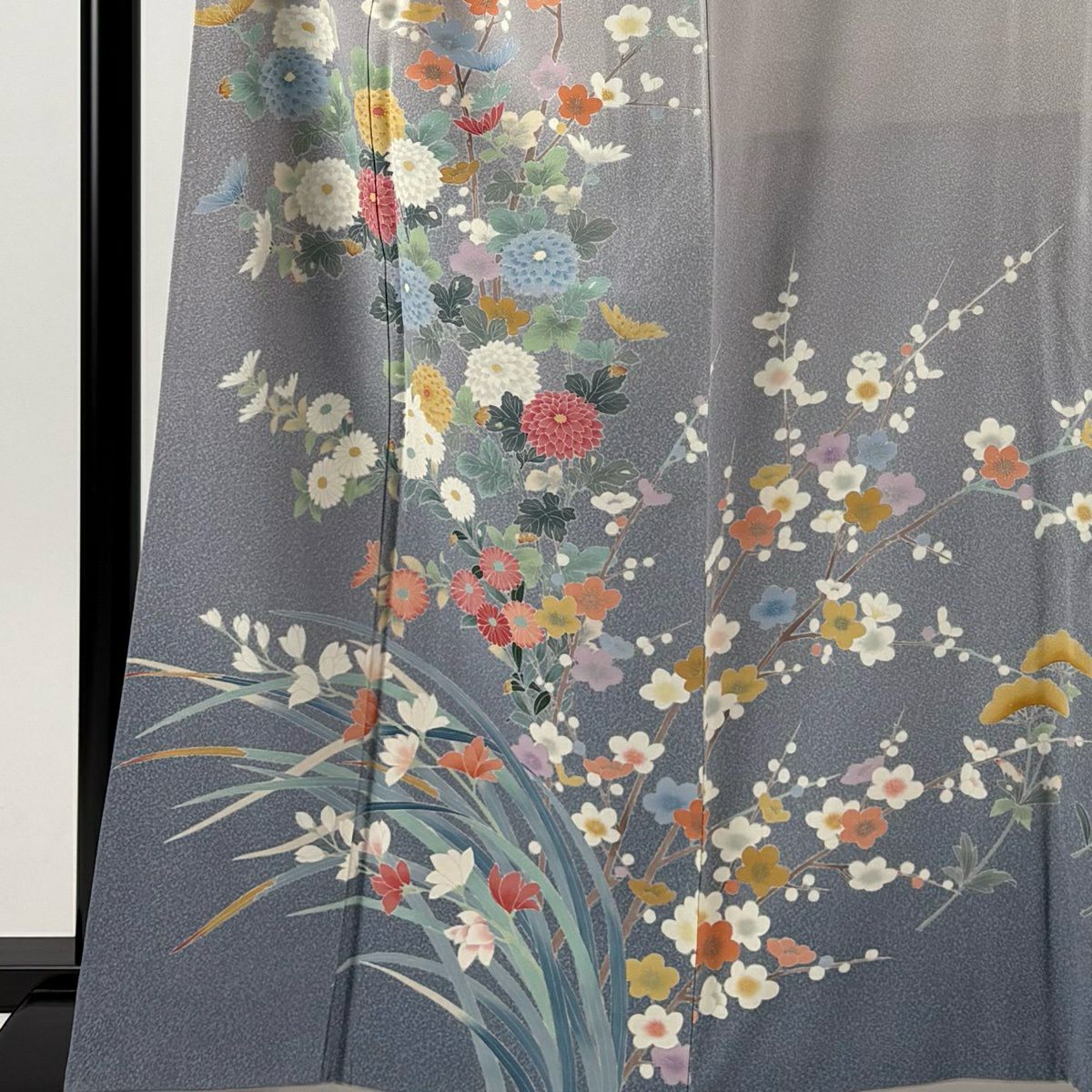 訪問服 身長164cm 袖長68cm L 雙層 菊花 梅花 漸層 灰紫 純蠶絲 優品級