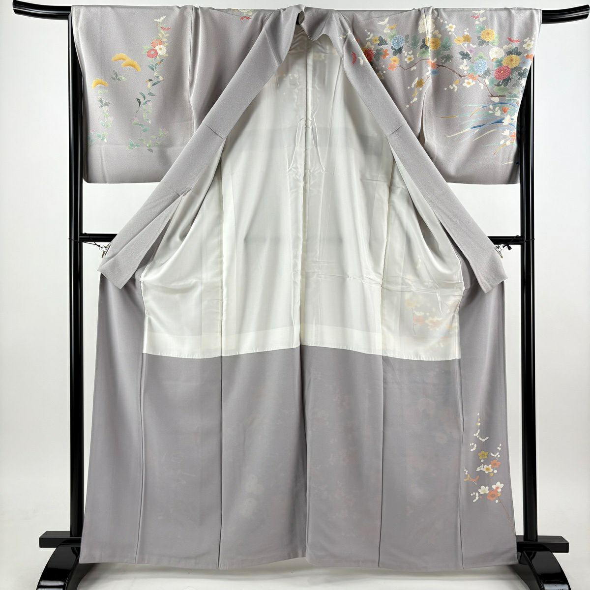 訪問服 身長164cm 袖長68cm L 雙層 菊花 梅花 漸層 灰紫 純蠶絲 優品級
