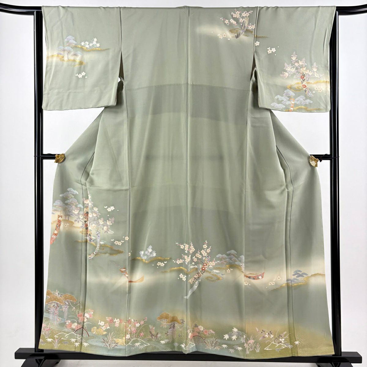 訪問服 身長156cm 袖長65cm M 雙層 短冊 花鳥 金彩裝飾 漸層 灰綠 純蠶絲 秀品級