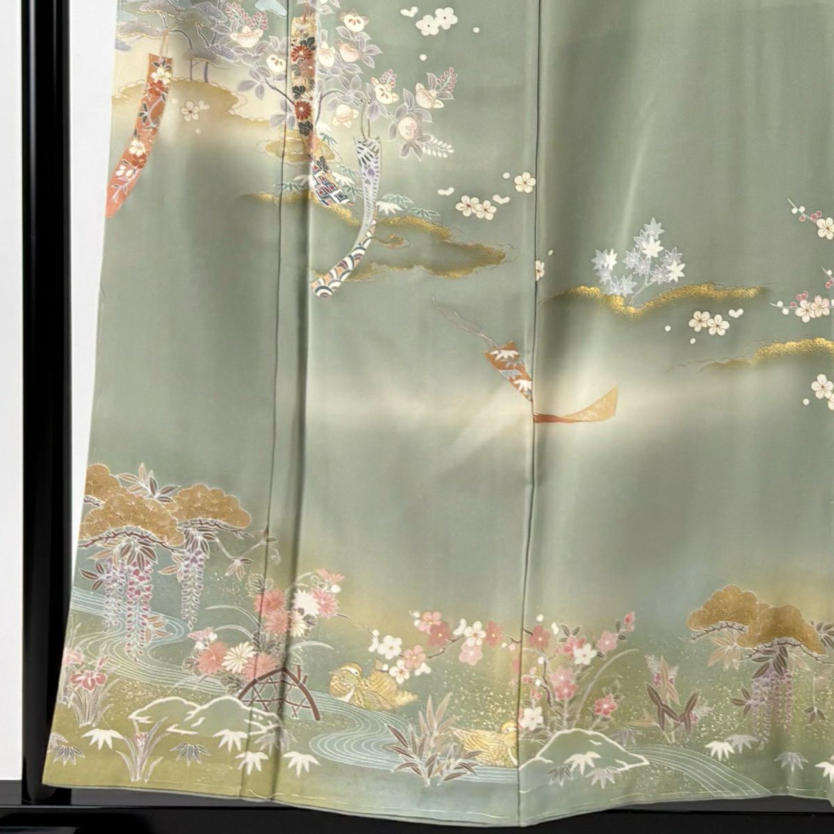 訪問服 身長156cm 袖長65cm M 雙層 短冊 花鳥 金彩裝飾 漸層 灰綠 純蠶絲 秀品級