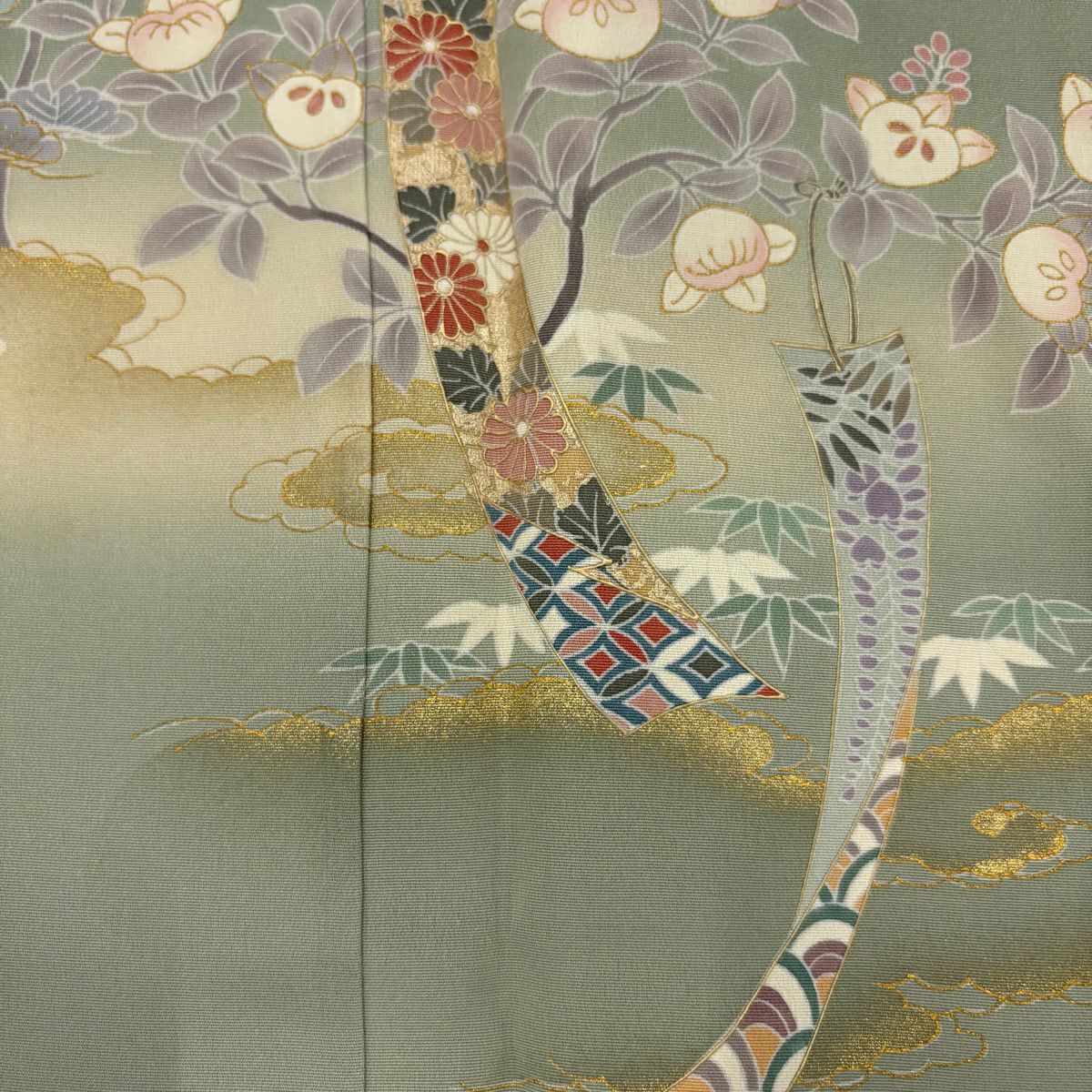 訪問服 身長156cm 袖長65cm M 雙層 短冊 花鳥 金彩裝飾 漸層 灰綠 純蠶絲 秀品級