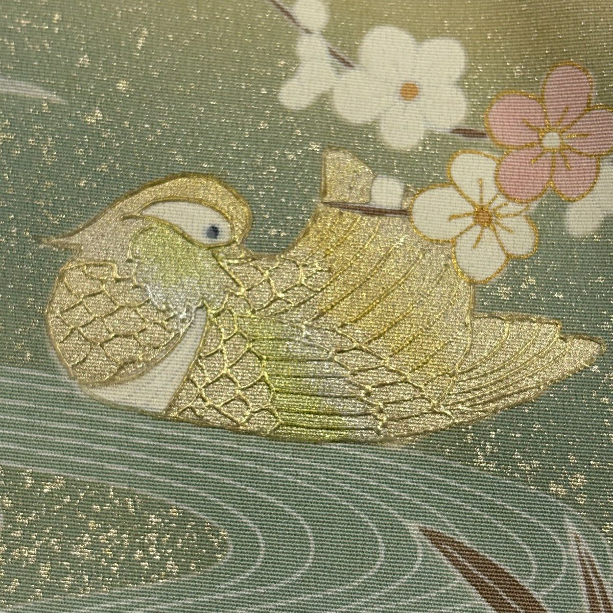訪問服 身長156cm 袖長65cm M 雙層 短冊 花鳥 金彩裝飾 漸層 灰綠 純蠶絲 秀品級