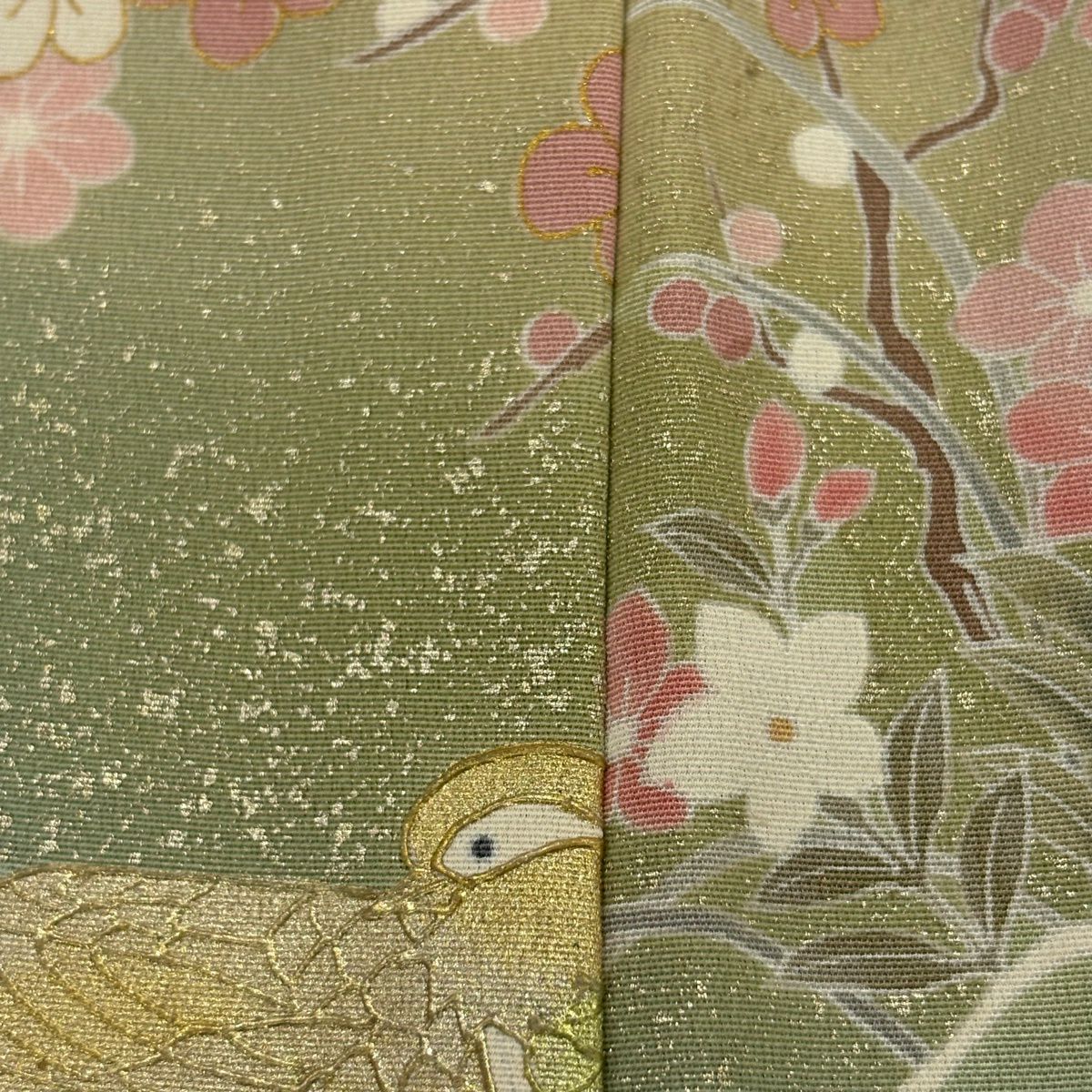 訪問服 身長156cm 袖長65cm M 雙層 短冊 花鳥 金彩裝飾 漸層 灰綠 純蠶絲 秀品級