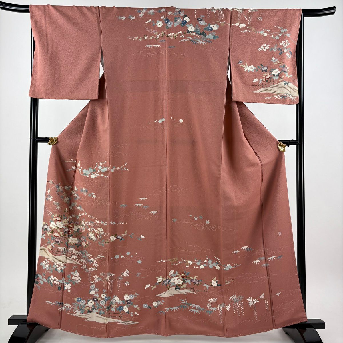 訪問服 身長163.5cm 袖長67cm M 雙層 落款あり 枝花 芝 深粉紅 純蠶絲 秀品級
