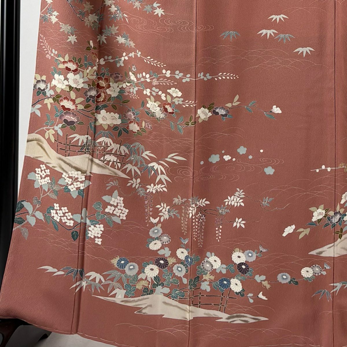 訪問服 身長163.5cm 袖長67cm M 雙層 落款あり 枝花 芝 深粉紅 純蠶絲 秀品級
