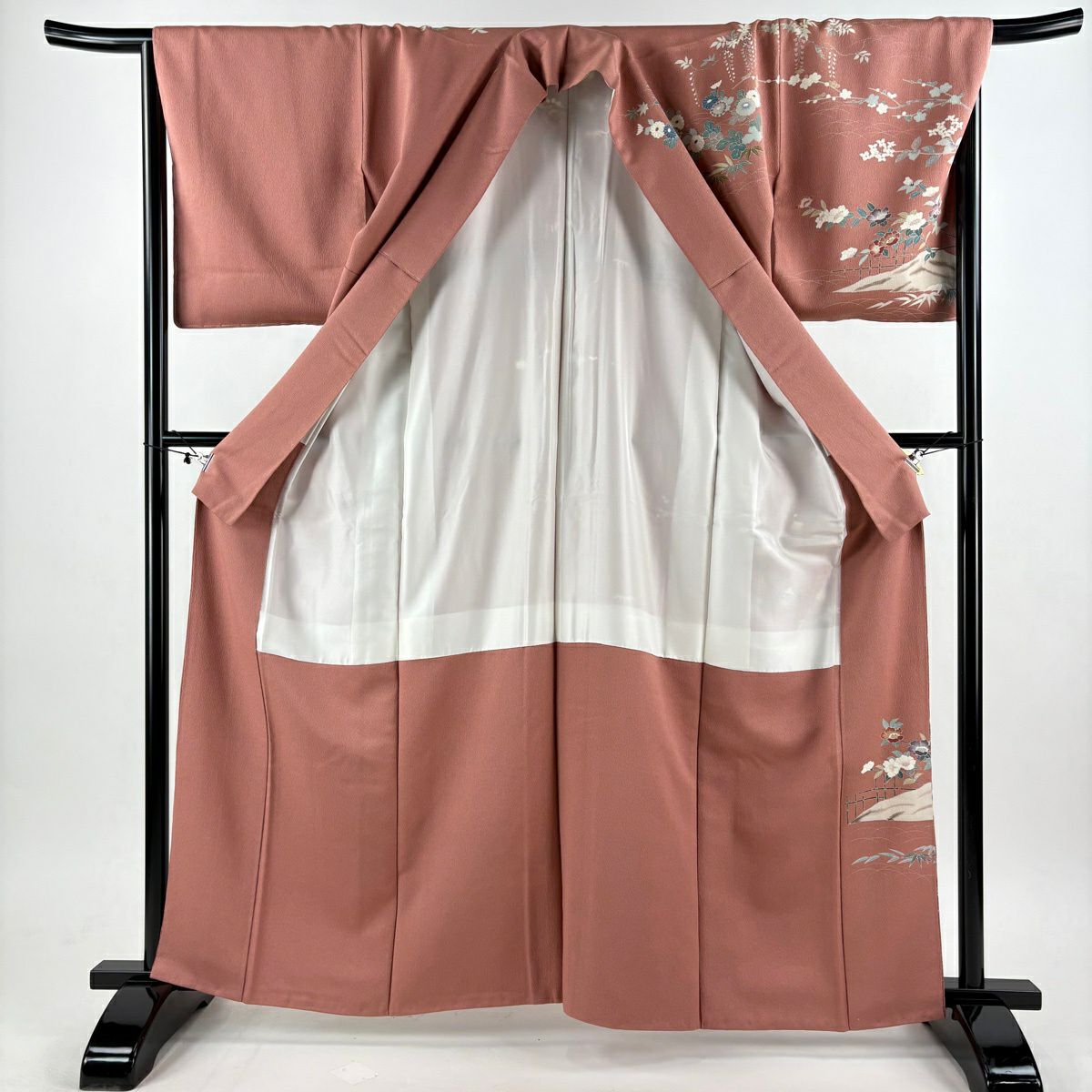 訪問服 身長163.5cm 袖長67cm M 雙層 落款あり 枝花 芝 深粉紅 純蠶絲 秀品級