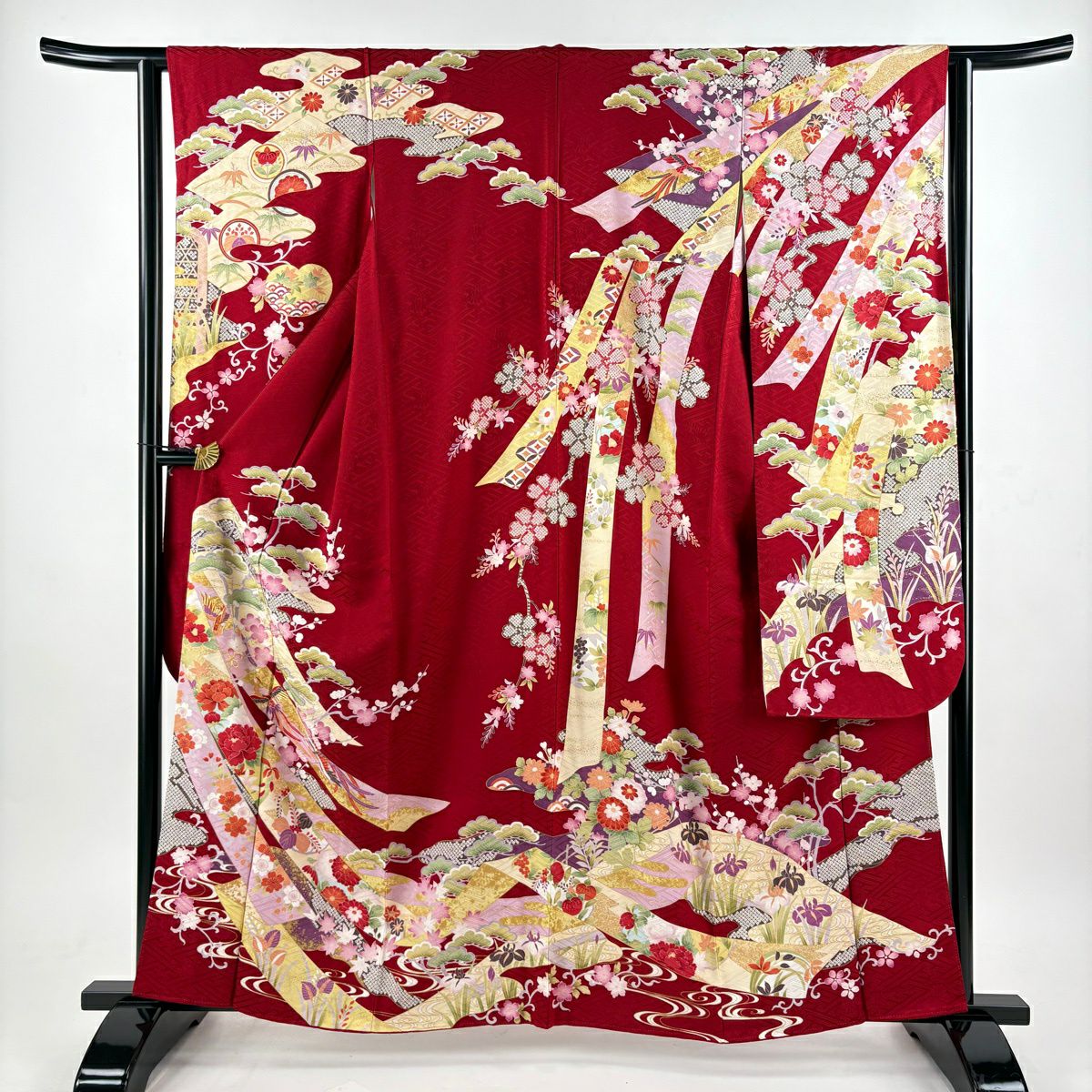 振袖禮服 身長161cm 袖長62cm S 雙層 松樹梅花 熨斗紋 金絲 金銀彩 紅 純蠶絲 秀品級