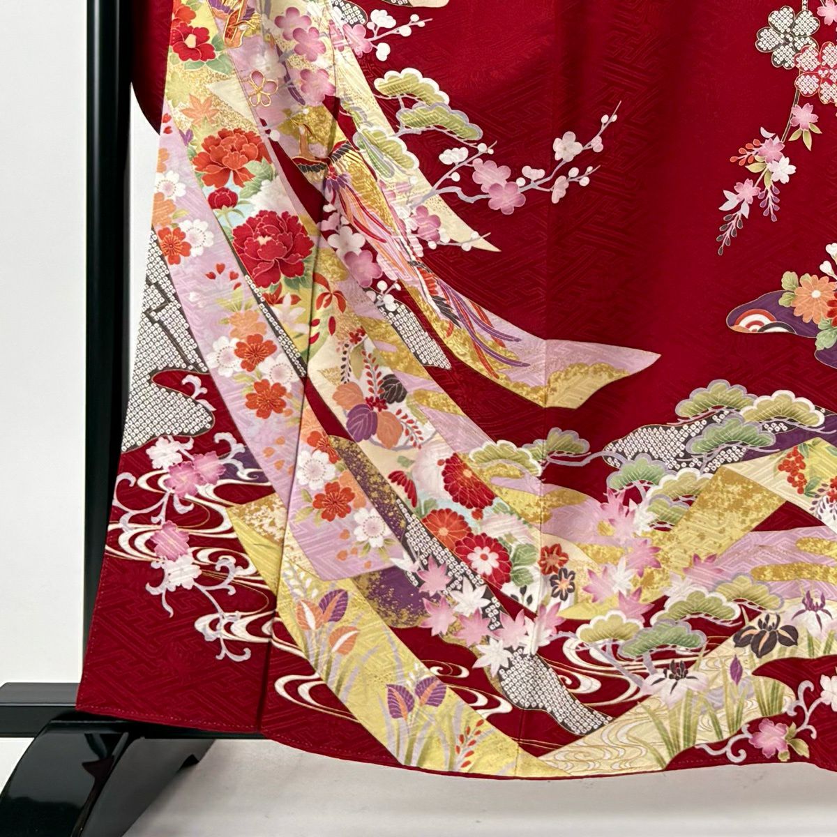 振袖禮服 身長161cm 袖長62cm S 雙層 松樹梅花 熨斗紋 金絲 金銀彩 紅 純蠶絲 秀品級
