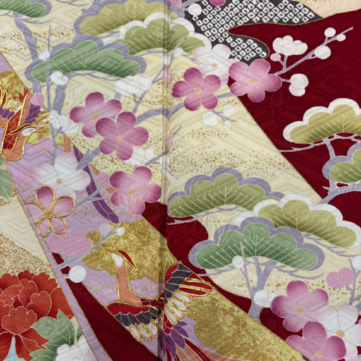 振袖禮服 身長161cm 袖長62cm S 雙層 松樹梅花 熨斗紋 金絲 金銀彩 紅 純蠶絲 秀品級