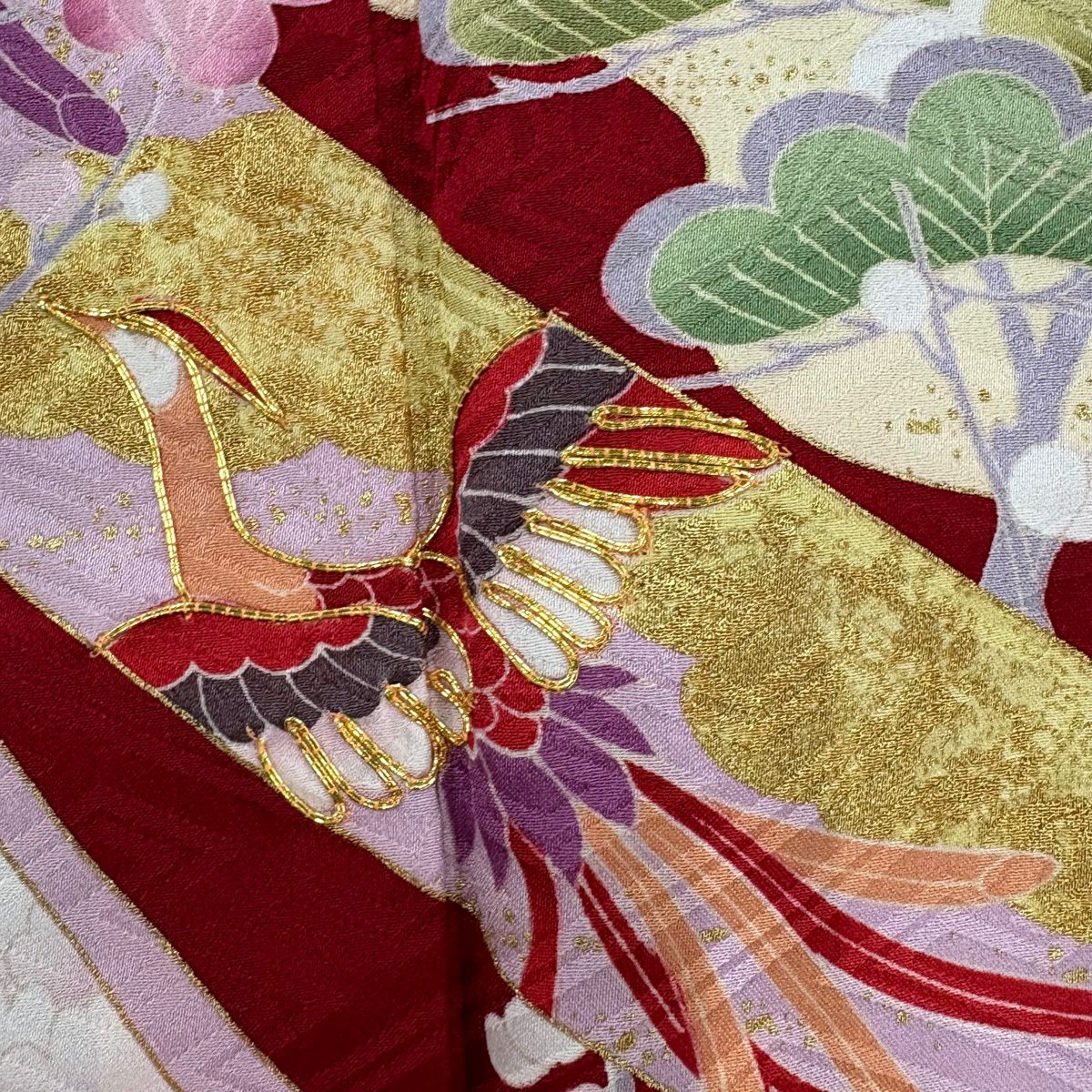 振袖禮服 身長161cm 袖長62cm S 雙層 松樹梅花 熨斗紋 金絲 金銀彩 紅 純蠶絲 秀品級