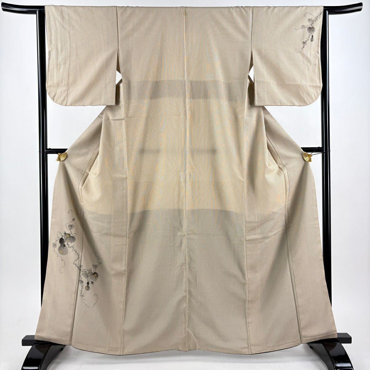 【美品】 付下 身長163.5cm 袖長63.5cm S 雙層 お召地 鈴乃屋 瓢箪 虫 金糸 米色 純蠶絲 秀品級 一つ紋