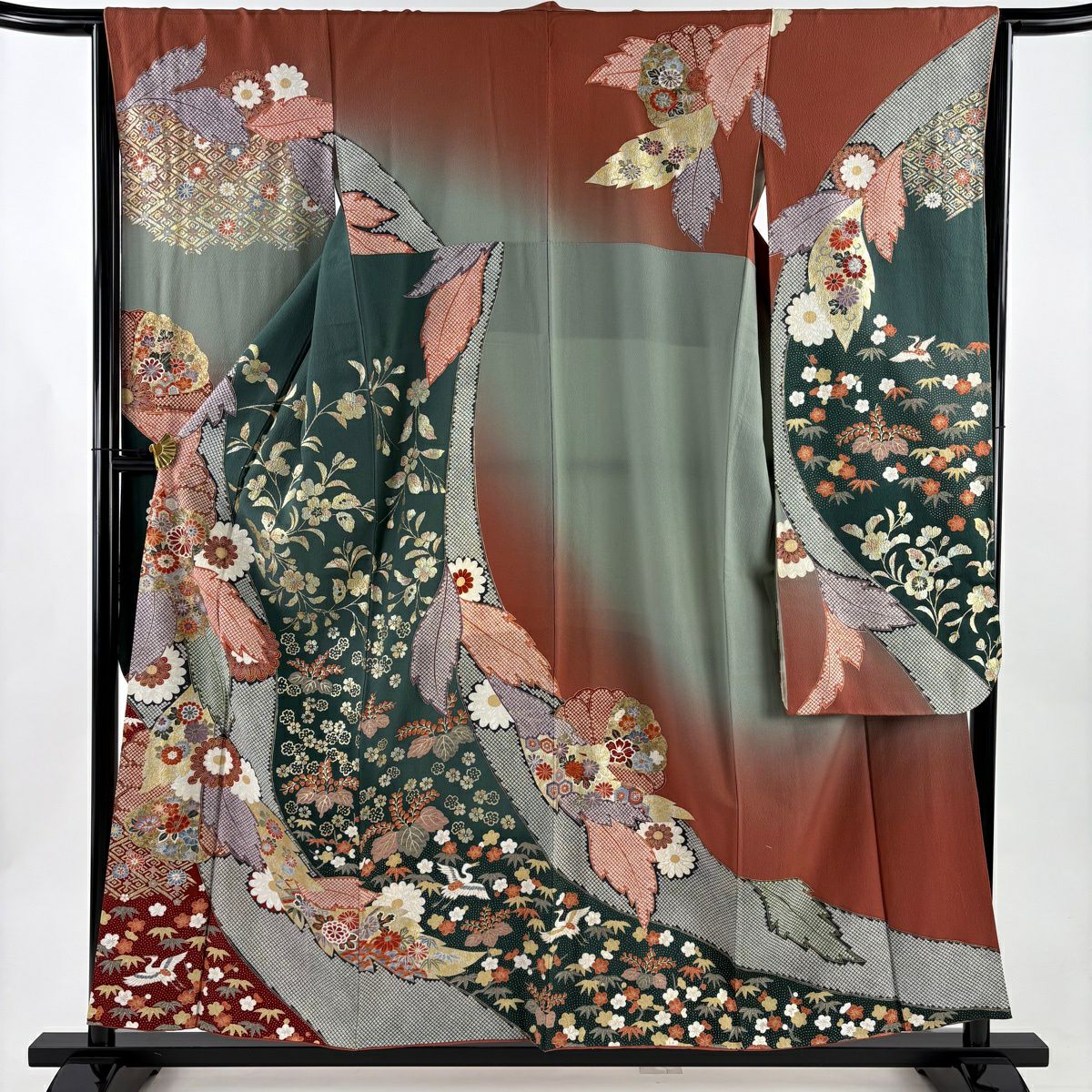 振袖禮服 身長156cm 袖長64.5cm M 雙層 菊花 桐 金銀彩 染分 灰綠 純蠶絲 秀品級