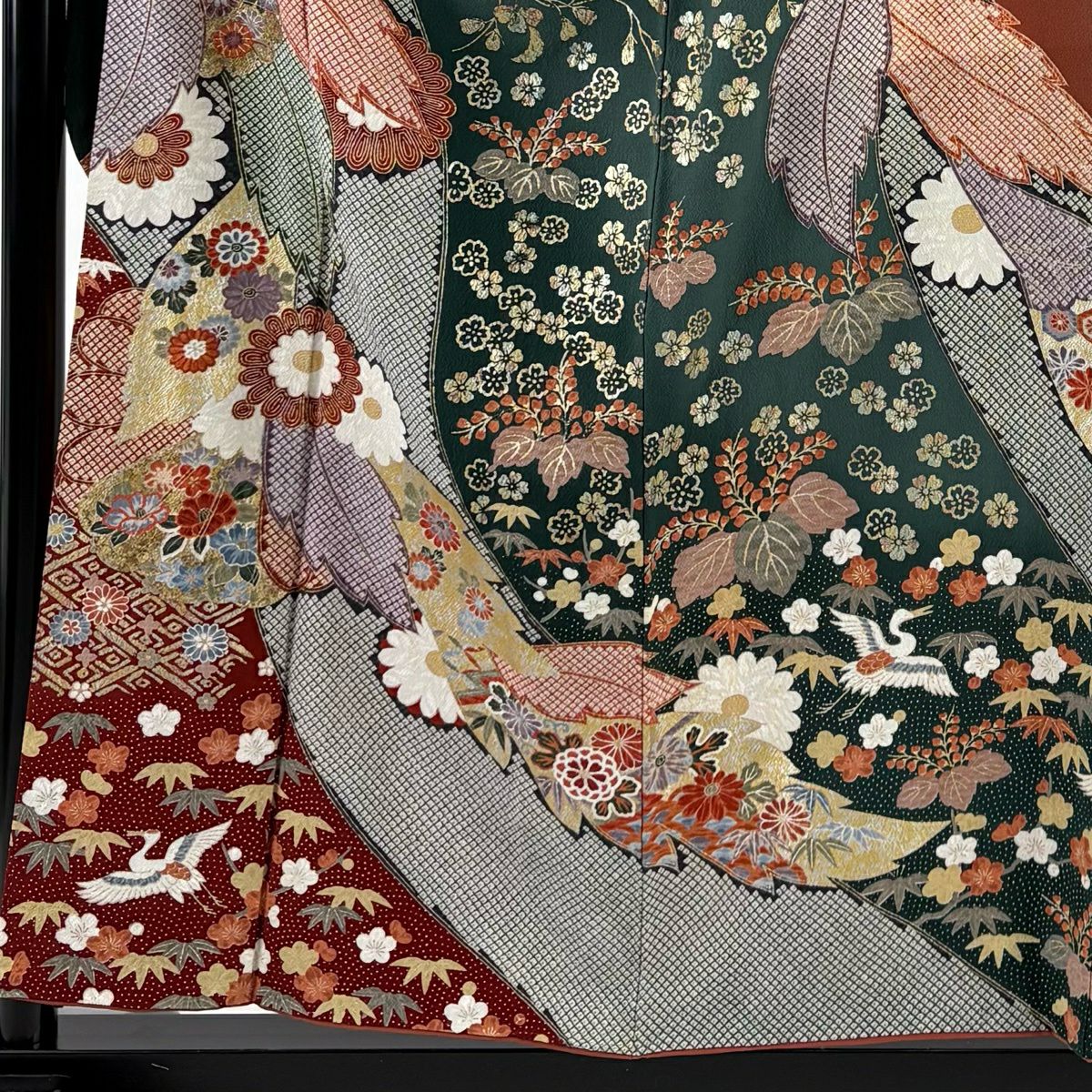 振袖禮服 身長156cm 袖長64.5cm M 雙層 菊花 桐 金銀彩 染分 灰綠 純蠶絲 秀品級