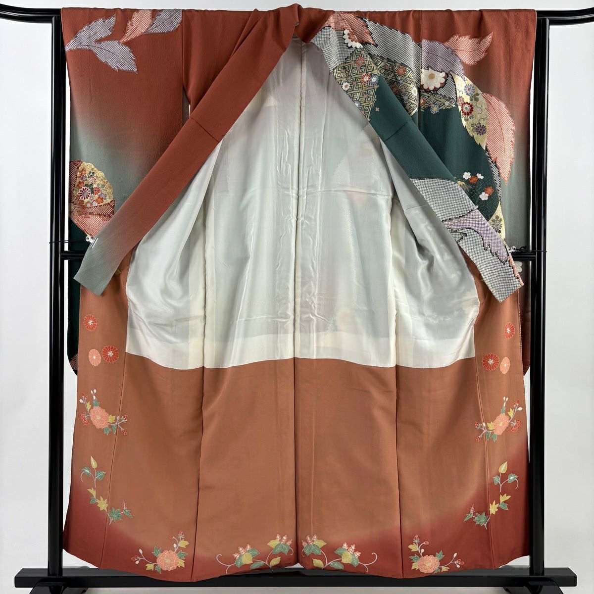 振袖禮服 身長156cm 袖長64.5cm M 雙層 菊花 桐 金銀彩 染分 灰綠 純蠶絲 秀品級