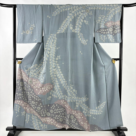 訪問服 身長157cm 袖長63cm S 雙層 草花紋紋 雲文 絞染 漸層 青灰 純蠶絲 優品級