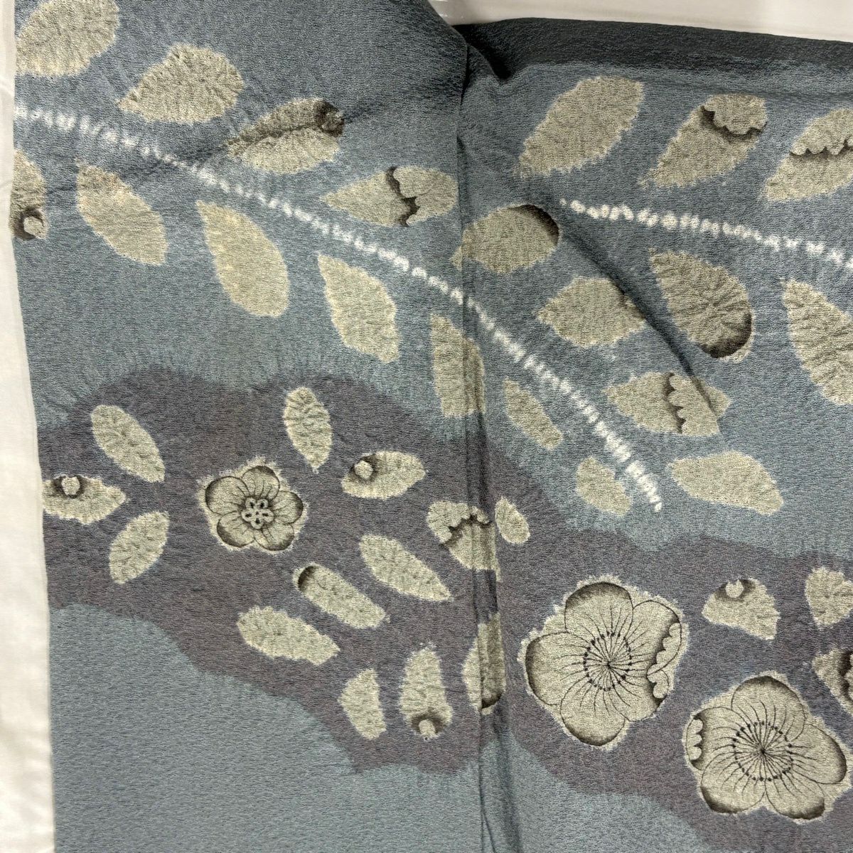 訪問服 身長157cm 袖長63cm S 雙層 草花紋紋 雲文 絞染 漸層 青灰 純蠶絲 優品級