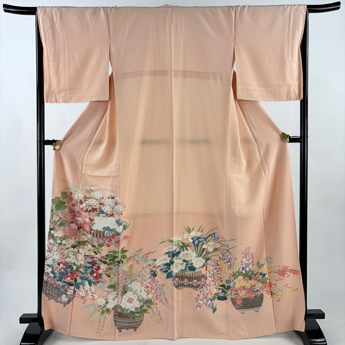 色留袖禮服 身長167cm 袖長67cm M 雙層 落款あり 花器 椿 粉米色 純蠶絲 秀品級