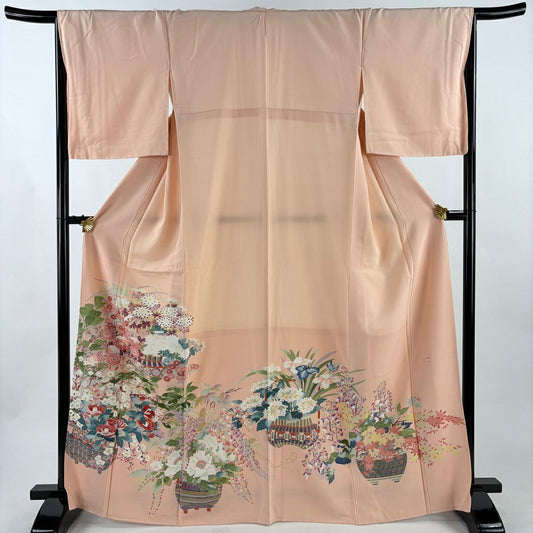 色留袖禮服 身長167cm 袖長67cm M 雙層 落款あり 花器 椿 粉米色 純蠶絲 秀品級