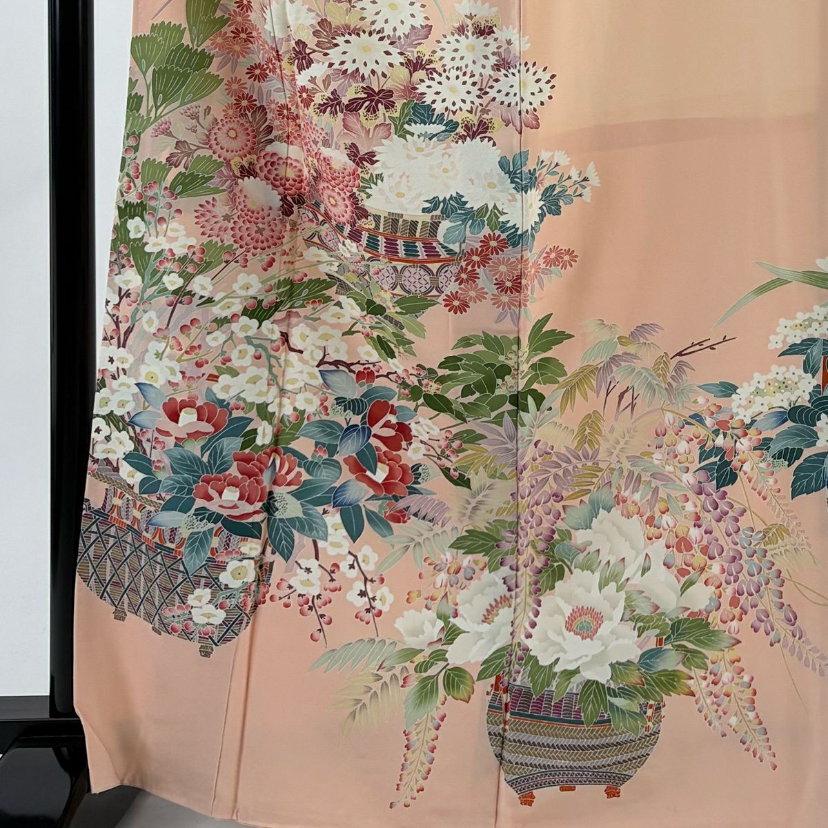 色留袖禮服 身長167cm 袖長67cm M 雙層 落款あり 花器 椿 粉米色 純蠶絲 秀品級