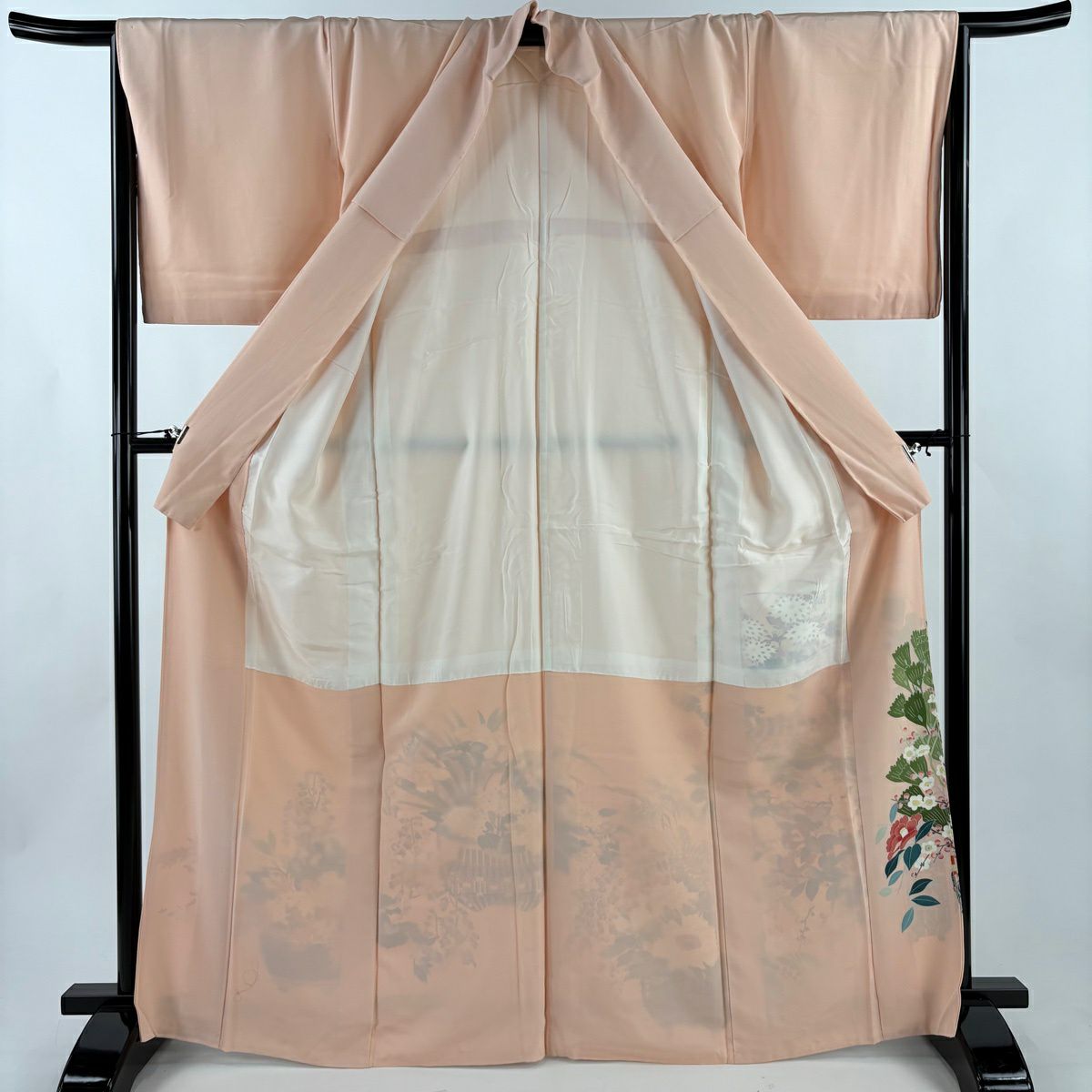 色留袖禮服 身長167cm 袖長67cm M 雙層 落款あり 花器 椿 粉米色 純蠶絲 秀品級