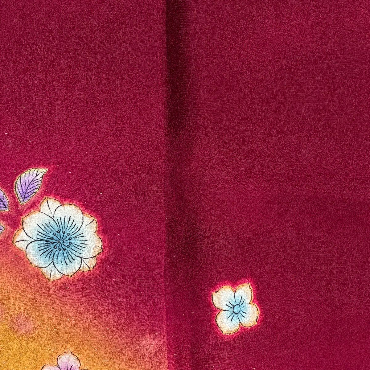 振袖禮服 身長168cm 袖長68cm L 雙層 落款 草花紋紋 紐 金銀彩 染分 紅紫 純蠶絲 秀品級