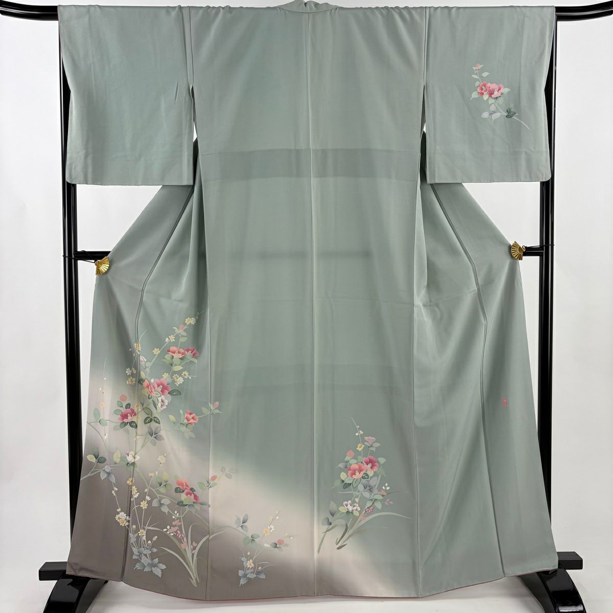 訪問服 身長164.5cm 袖長67.5cm L 雙層 落款有 椿 枝花 染分 漸層 灰綠 純蠶絲 優品級